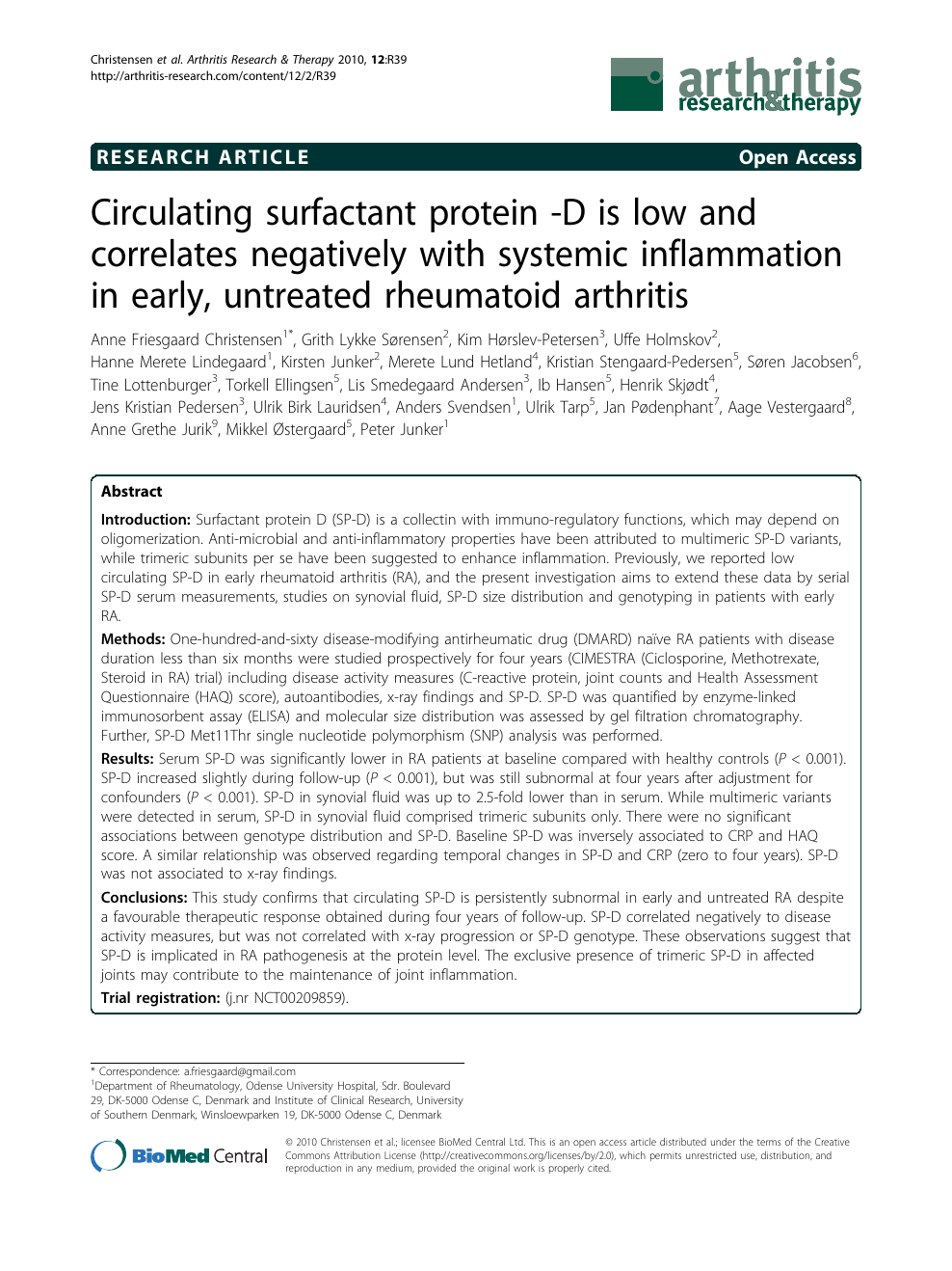 Circulating surfactant protein -D is low and correlates negatively with systemic inflammation early, rheumatoid arthritis – topic of research paper in Clinical medicine. Download scholarly article PDF and read for