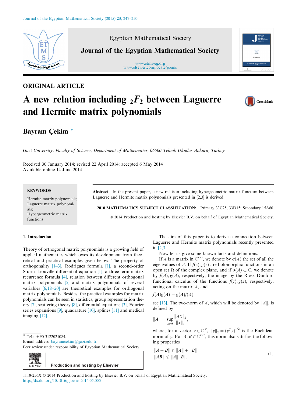 A New Relation Including2f2 Between Laguerre And Hermite Matrix Polynomials Topic Of Research Paper In Physical Sciences Download Scholarly Article Pdf And Read For Free On Cyberleninka Open Science Hub