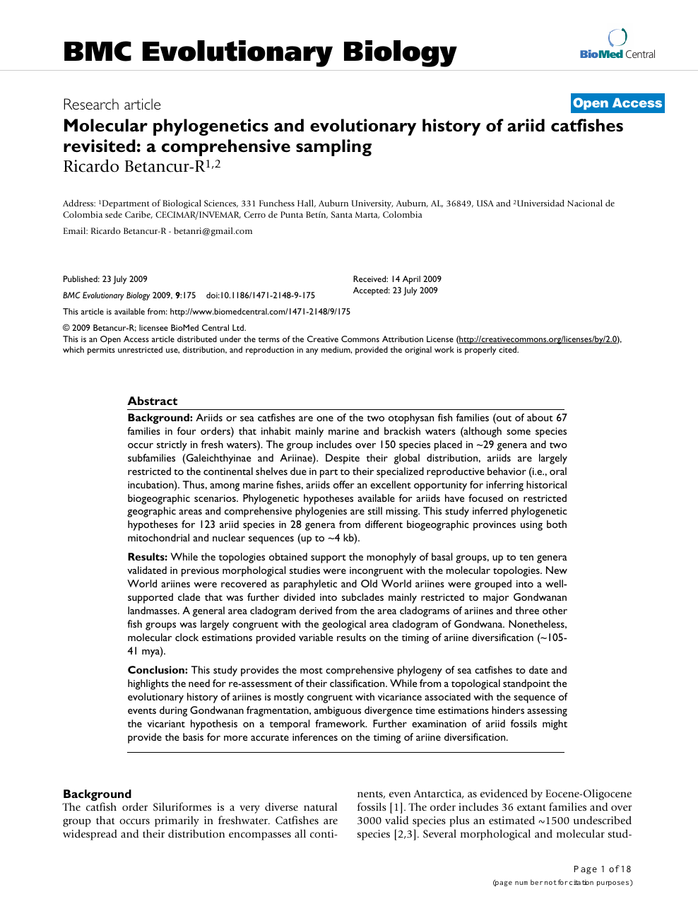Molecular phylogenetics and evolutionary history of ariid 