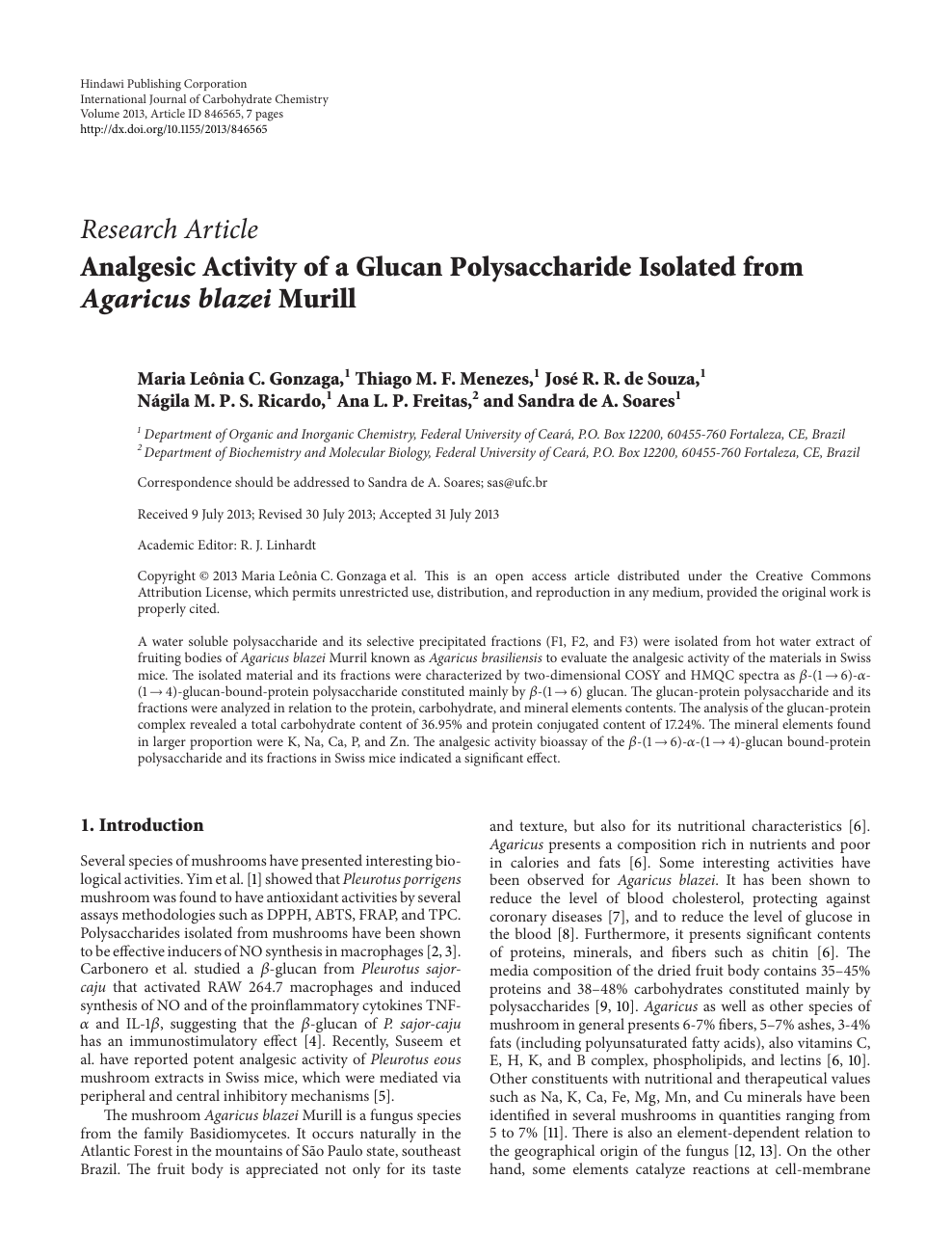 Analgesic Activity Of A Glucan Polysaccharide Isolated From Agaricus Blazei Murill Topic Of Research Paper In Chemical Sciences Download Scholarly Article Pdf And Read For Free On Cyberleninka Open Science Hub