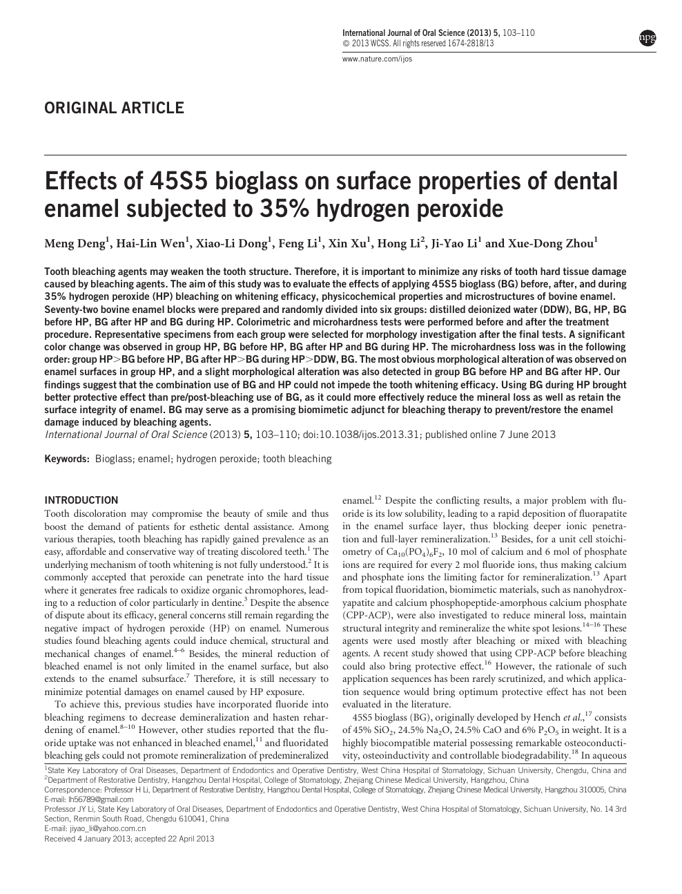 Effects Of 45s5 Bioglass On Surface Properties Of Dental Enamel Subjected To 35 Hydrogen Peroxide Topic Of Research Paper In Medical Engineering Download Scholarly Article Pdf And Read For Free On
