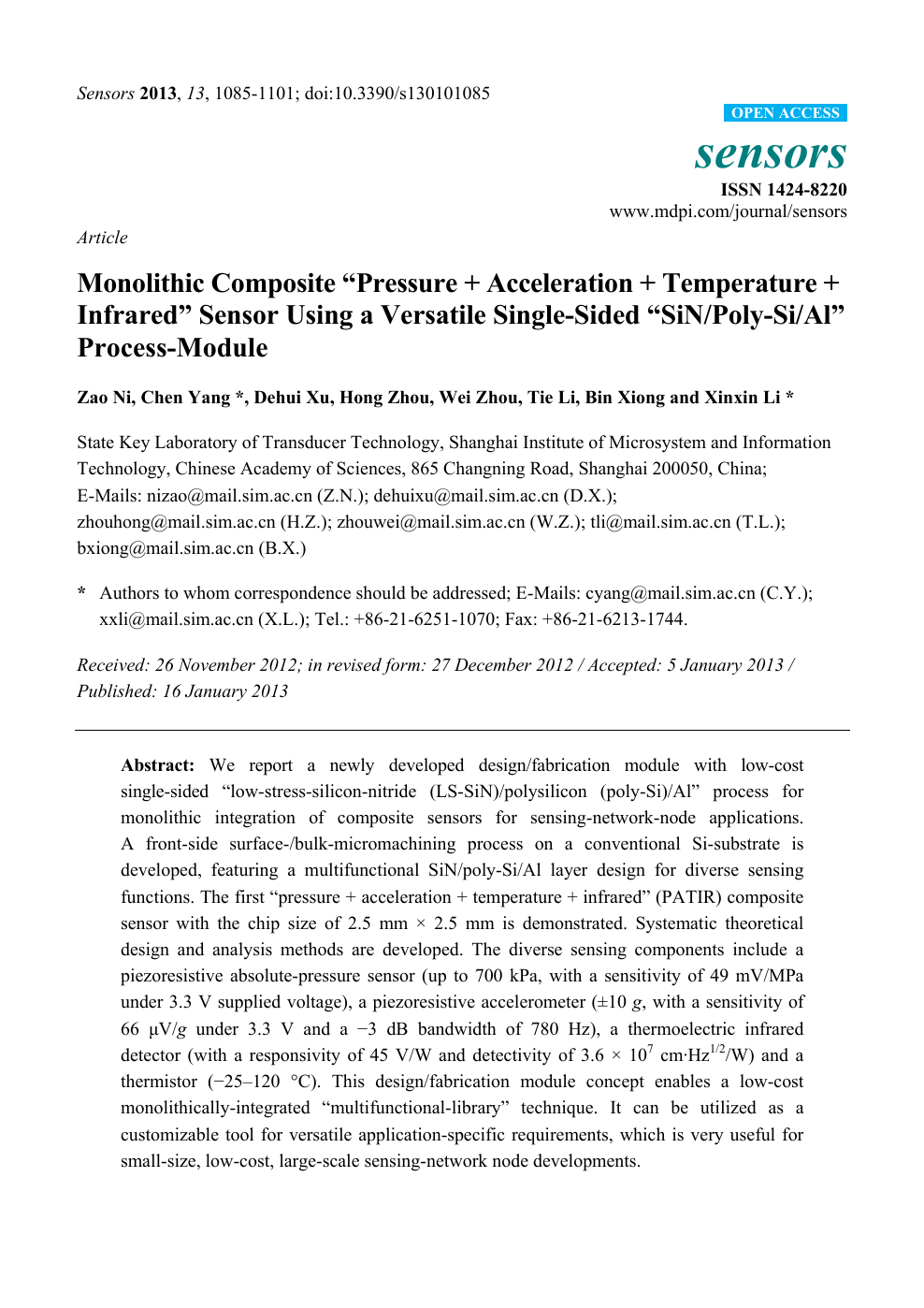 Monolithic Composite Pressure Acceleration Temperature Infrared Sensor Using A Versatile Single Sided Sin Poly Si Al Process Module Topic Of Research Paper In Nano Technology Download Scholarly Article Pdf And Read For Free On