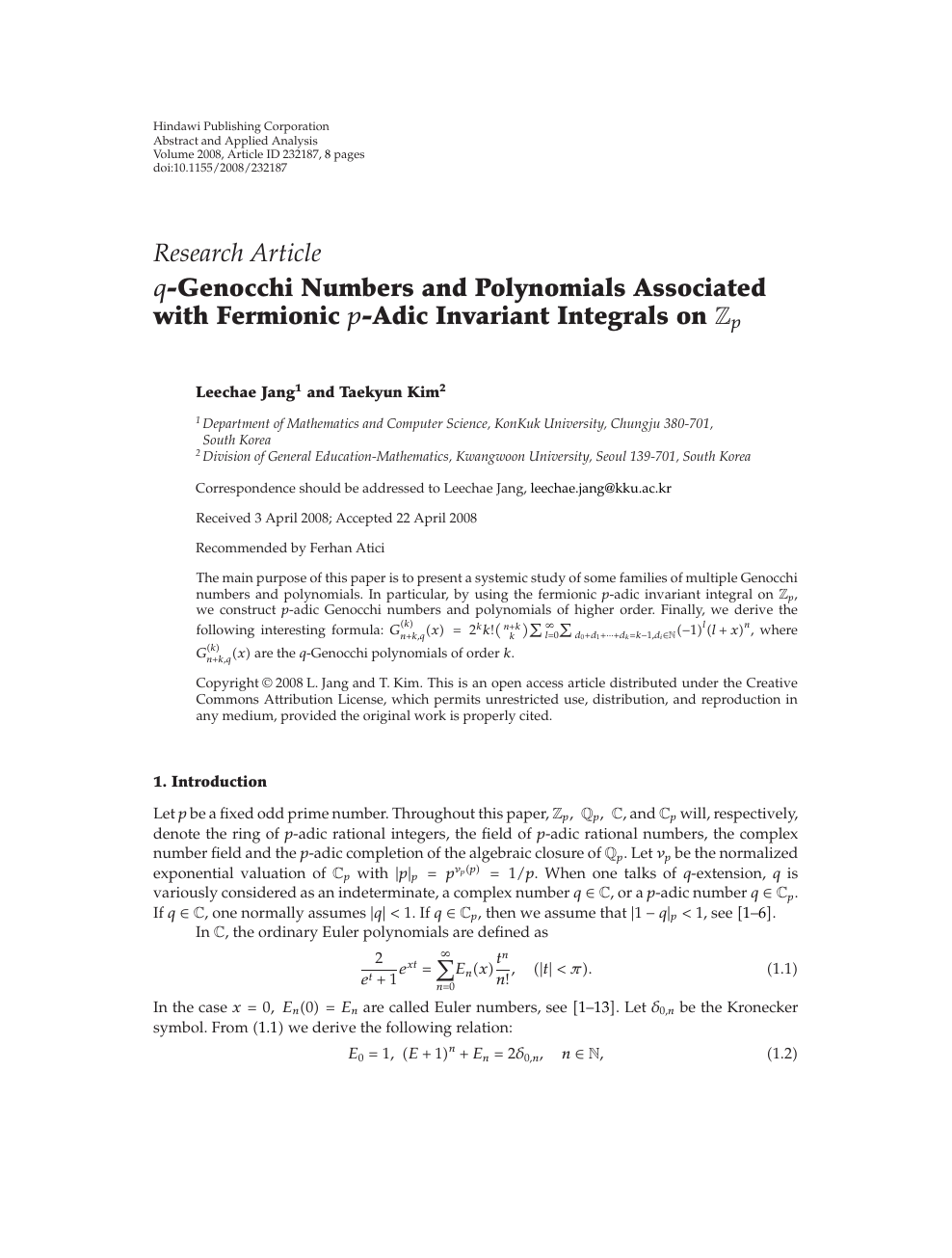 Q Genocchi Numbers And Polynomials Associated With Fermionic P Adic Invariant Integrals On ℤ P Topic Of Research Paper In Mathematics Download Scholarly Article Pdf And Read For Free On Cyberleninka