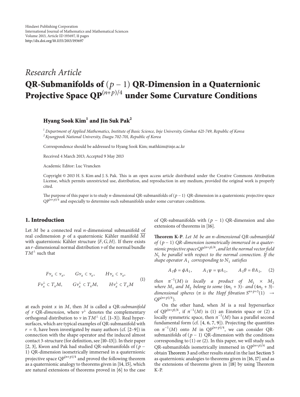 Qr Submanifolds Of P 1 Qr Dimension In A Quaternionic Projective Space Q P N P 4 Under Some Curvature Conditions Topic Of Research