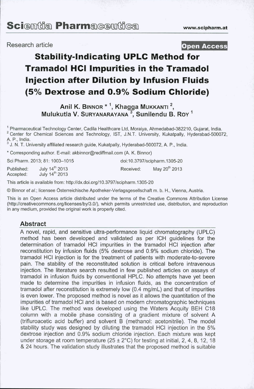Stability Indicating Uplc Method For Tramadol Hcl Impurities In Tramadol Injection After Dilution By Infusion Fluids 5 Dextrose And 0 9 Sodium Chloride Topic Of Research Paper In Chemical Sciences Download Scholarly Article