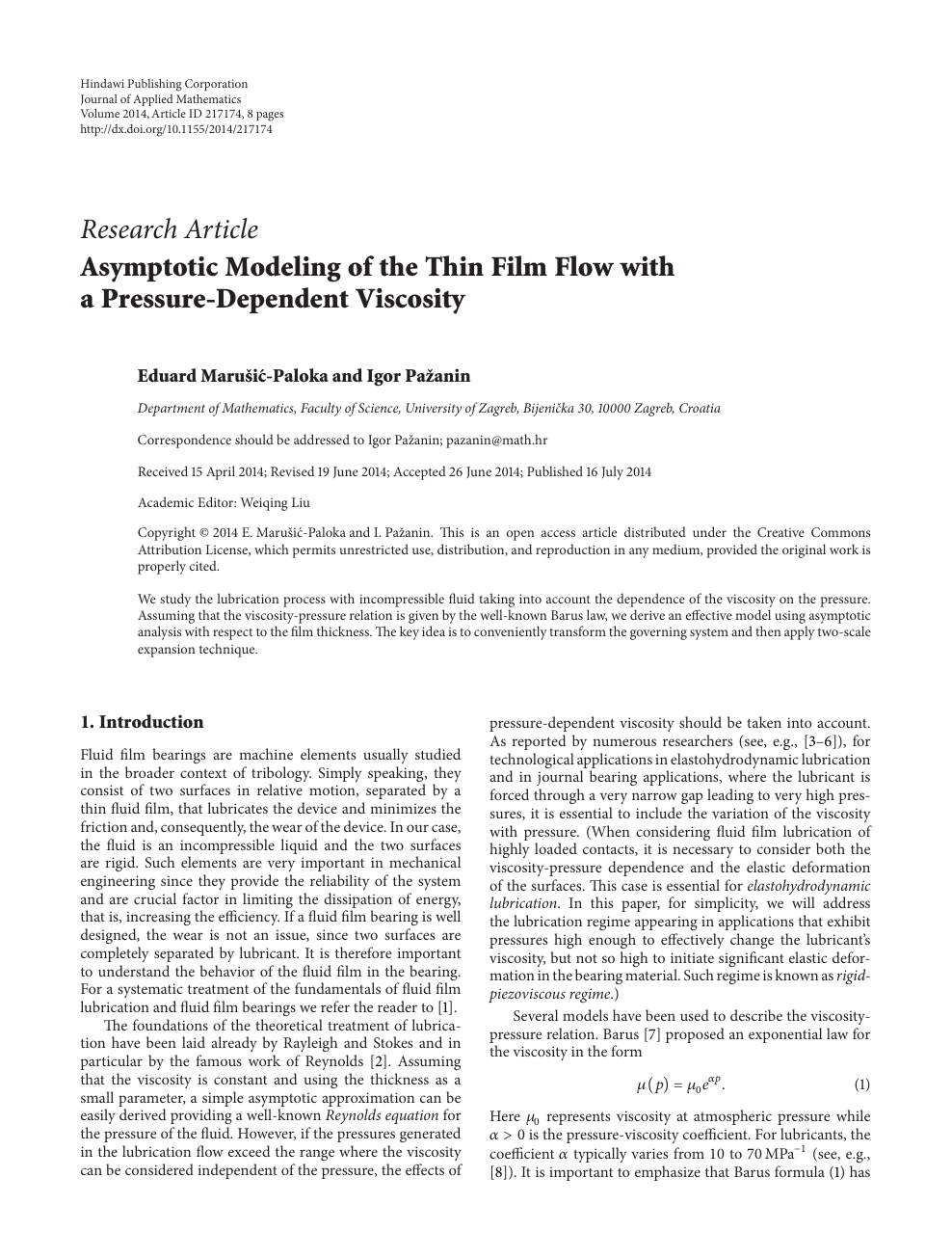 Asymptotic Modeling Of The Thin Film Flow With A Pressure Dependent Viscosity Topic Of Research Paper In Mathematics Download Scholarly Article Pdf And Read For Free On Cyberleninka Open Science Hub