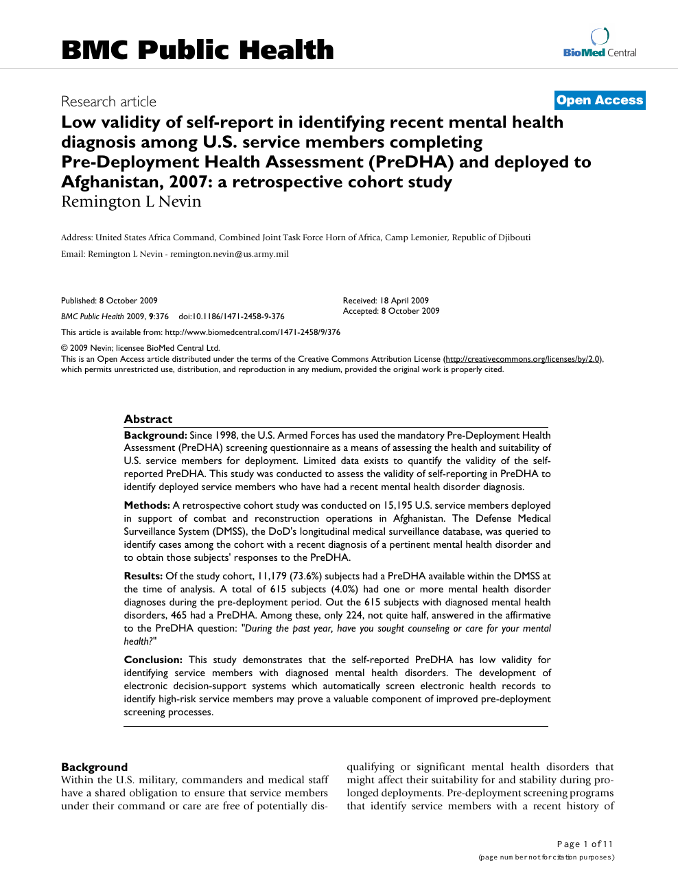 Low Validity Of Self Report In Identifying Recent Mental Health Diagnosis Among U S Service Members Completing Pre Deployment Health Assessment Predha And Deployed To Afghanistan 07 A Retrospective Cohort Study Topic Of Research