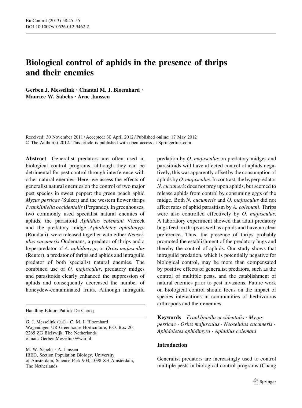 Biological control of aphids in the presence of thrips and their