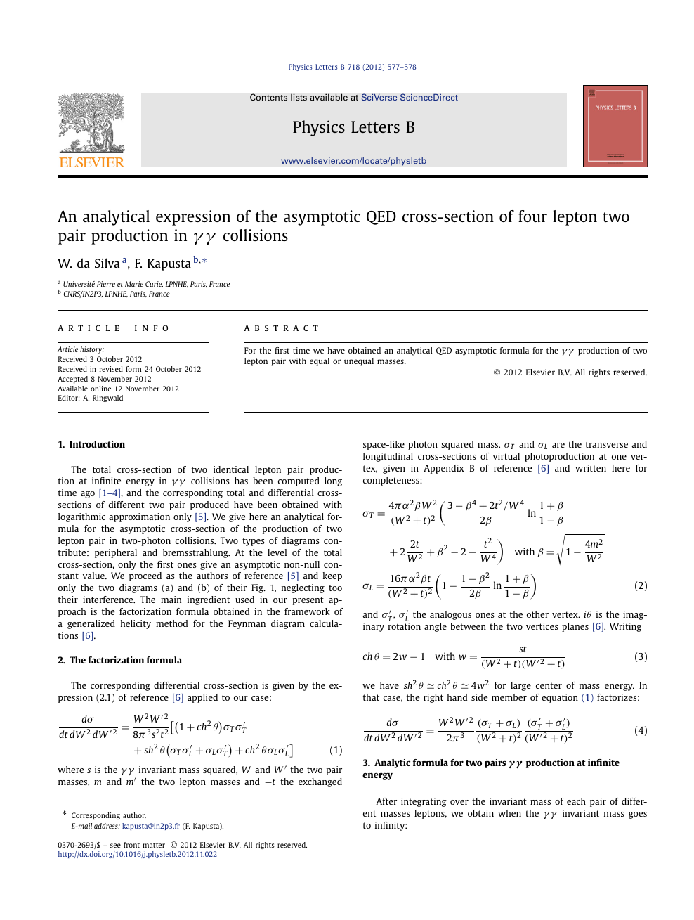 An Analytical Expression Of The Asymptotic Qed Cross Section Of Four Lepton Two Pair Production In Gg Collisions Topic Of Research Paper In Physical Sciences Download Scholarly Article Pdf And Read For
