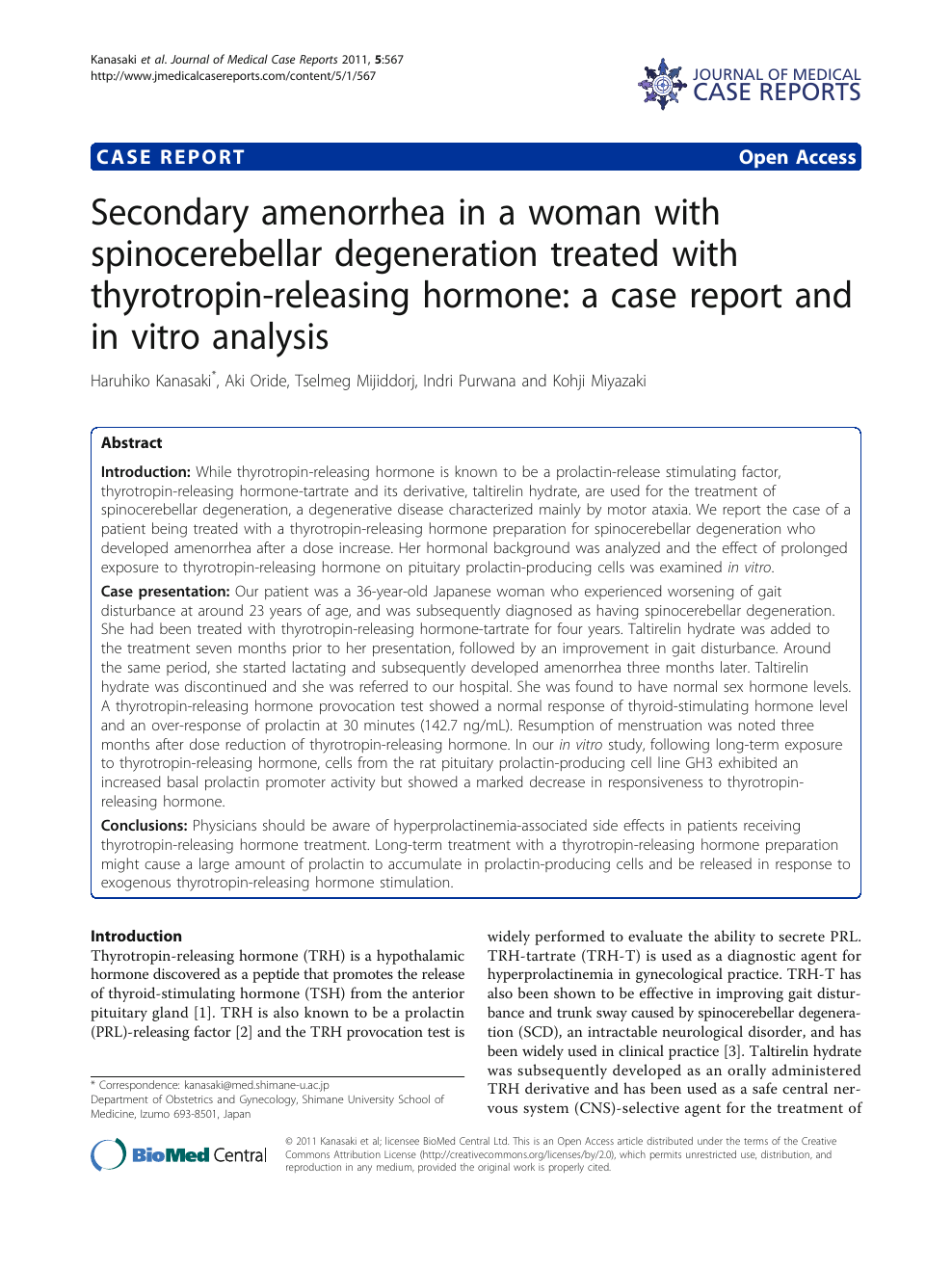 Secondary amenorrhea in a woman with spinocerebellar degeneration treated with thyrotropin-releasing hormone a case report and in vitro analysis