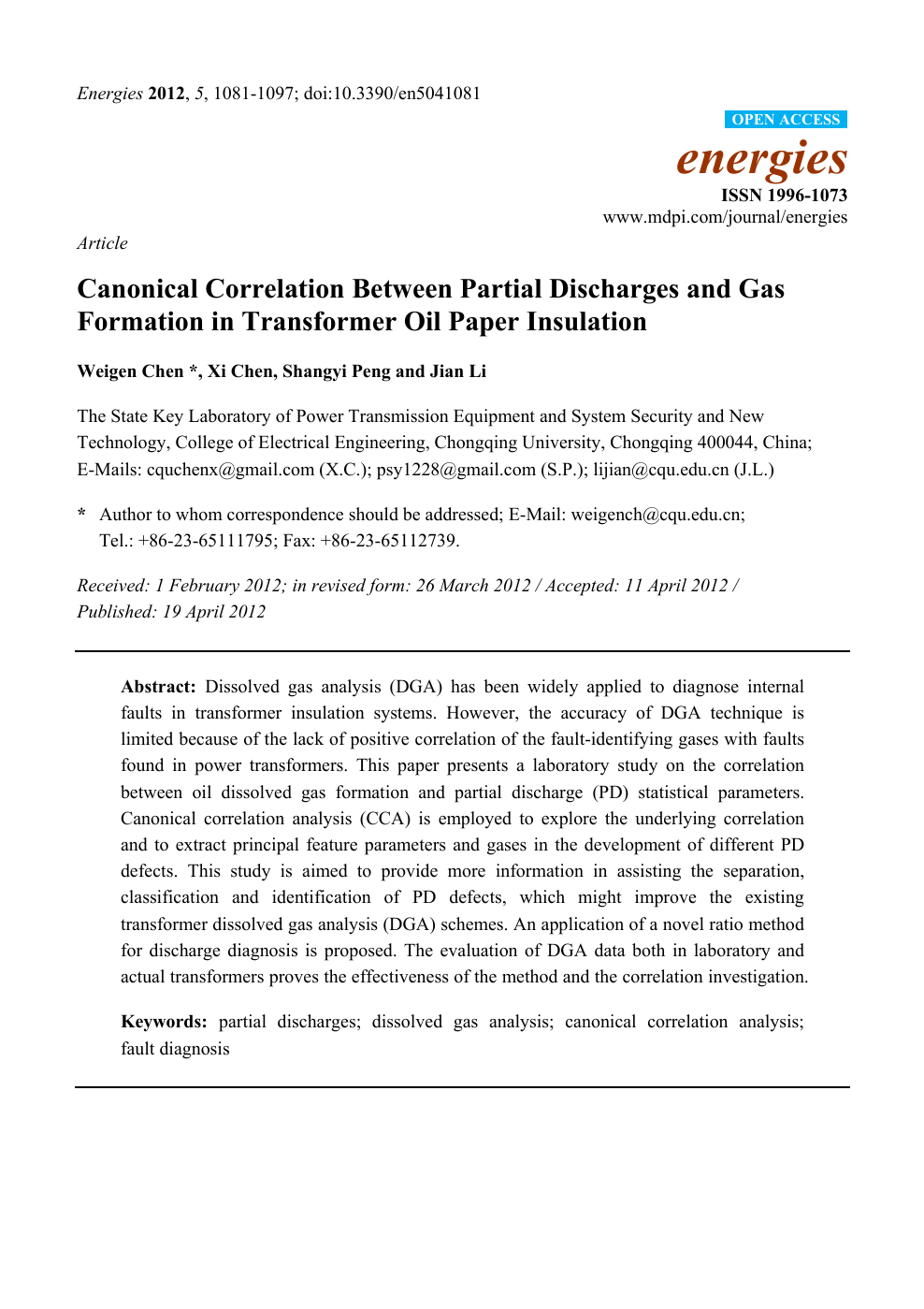 Canonical Correlation Between Partial Discharges And Gas Formation In Transformer Oil Paper Insulation Topic Of Research Paper In Earth And Related Environmental Sciences Download Scholarly Article Pdf And Read For Free