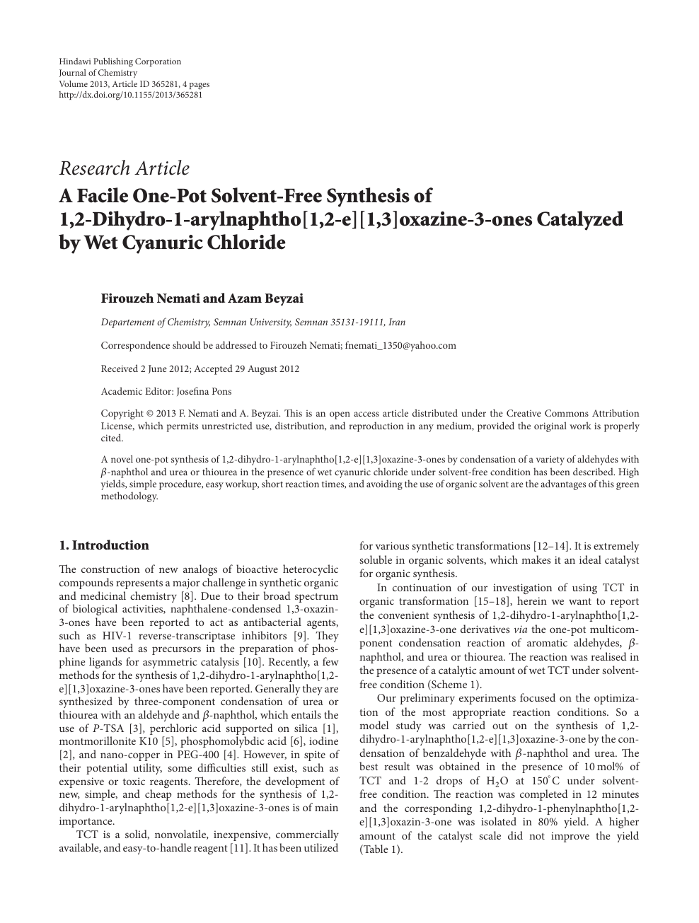 A Facile One Pot Solvent Free Synthesis Of 1 2 Dihydro 1 Arylnaphtho 1 2 E 1 3 Oxazine 3 Ones Catalyzed By Wet Cyanuric Chloride Topic Of Research Paper In Chemical Sciences Download Scholarly Article Pdf And Read For Free On Cyberleninka Open Science