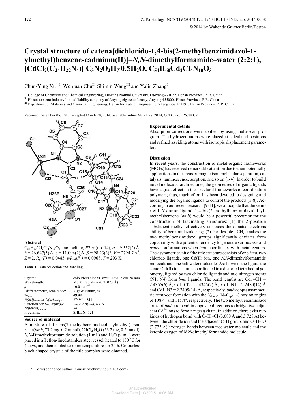 Crystal Structure Of Catena Dichlorido 1 4 Bis 2 Methylbenzimidazol 1 Ylmethyl Benzene Cadmium Ii N N Dimethylformamide Water 2 2 1 Cdcl2 C24h22n4 C3n2o2h7 0 5h2o C54h60cd2cl4n10o3 Topic Of Research Paper In Materials Engineering Download