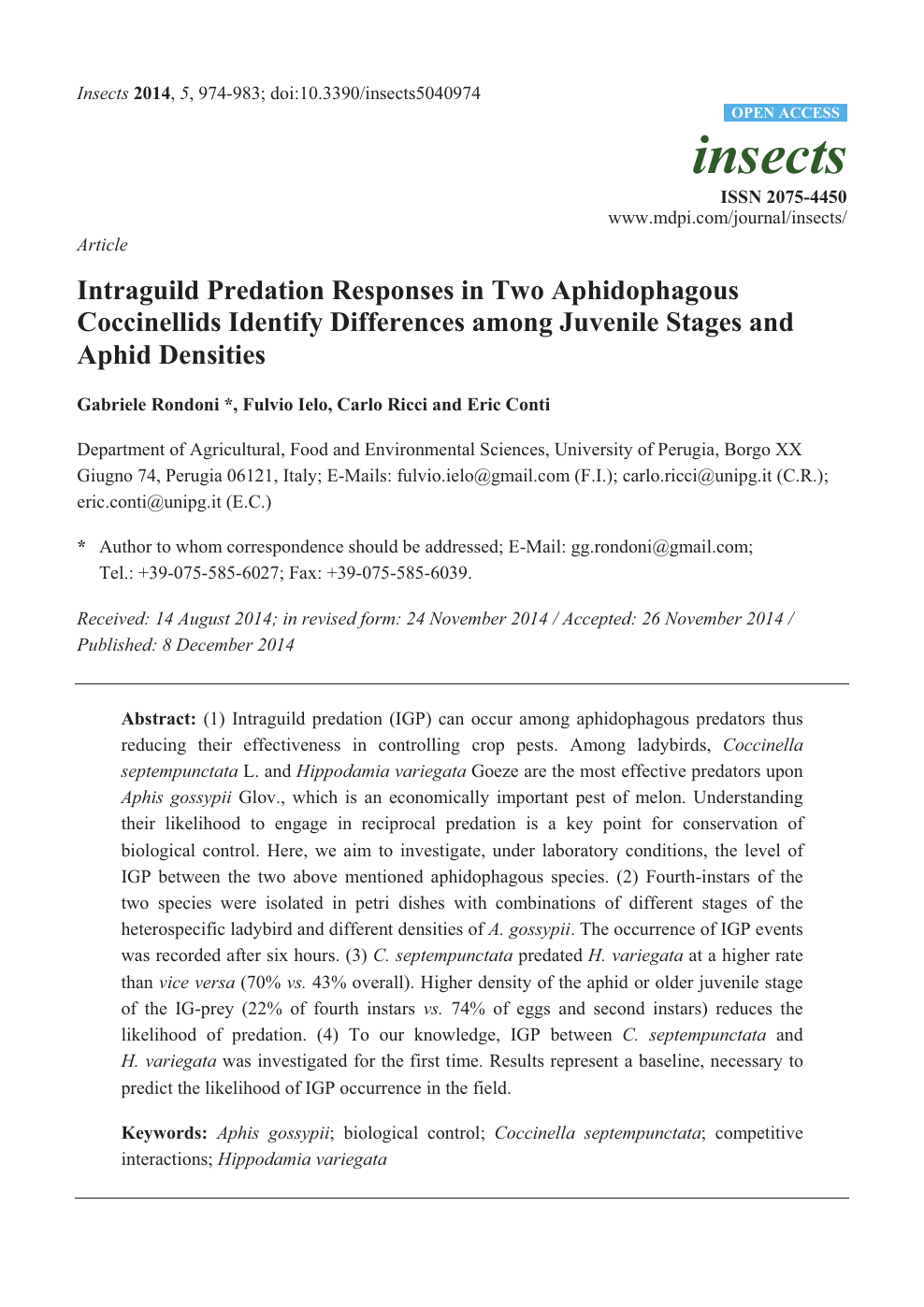 Intraguild Predation Responses In Two Aphidophagous Coccinellids