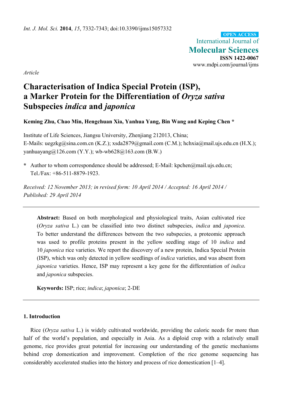 Characterisation Of Indica Special Protein Isp A Marker Protein For The Differentiation Of Oryza Sativa Subspecies Indica And Japonica Topic Of Research Paper In Biological Sciences Download Scholarly Article Pdf And