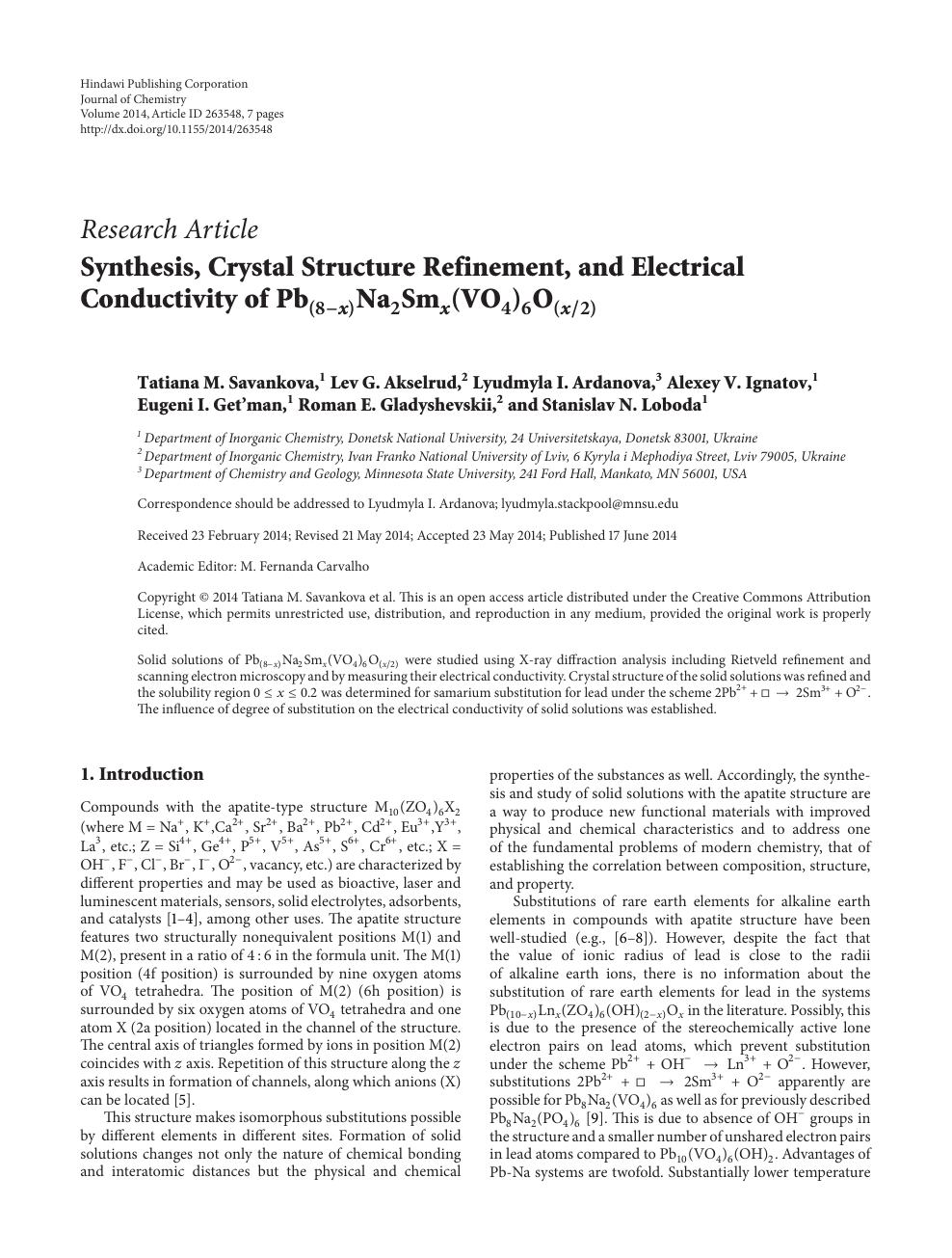 Synthesis Crystal Structure Refinement And Electrical Conductivity Of Pb 8 X Na2smx Vo4 6o X 2 Topic Of Research Paper In Chemical Sciences Download Scholarly Article Pdf And Read For Free On Cyberleninka Open Science Hub