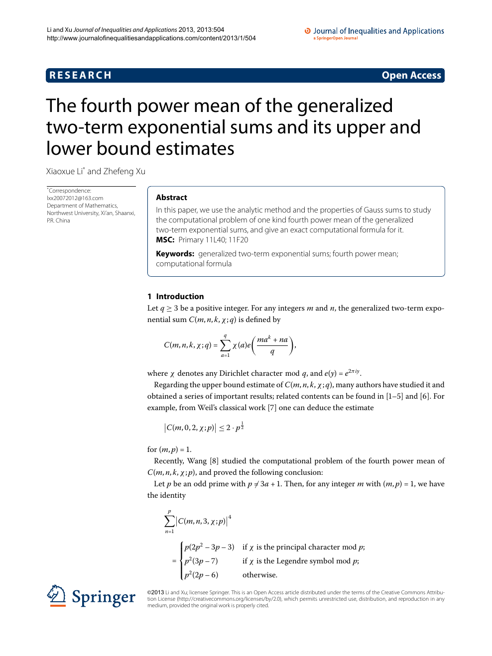 The Fourth Power Mean Of The Generalized Two Term Exponential Sums And Its Upper And Lower Bound Estimates Topic Of Research Paper In Mathematics Download Scholarly Article Pdf And Read For Free