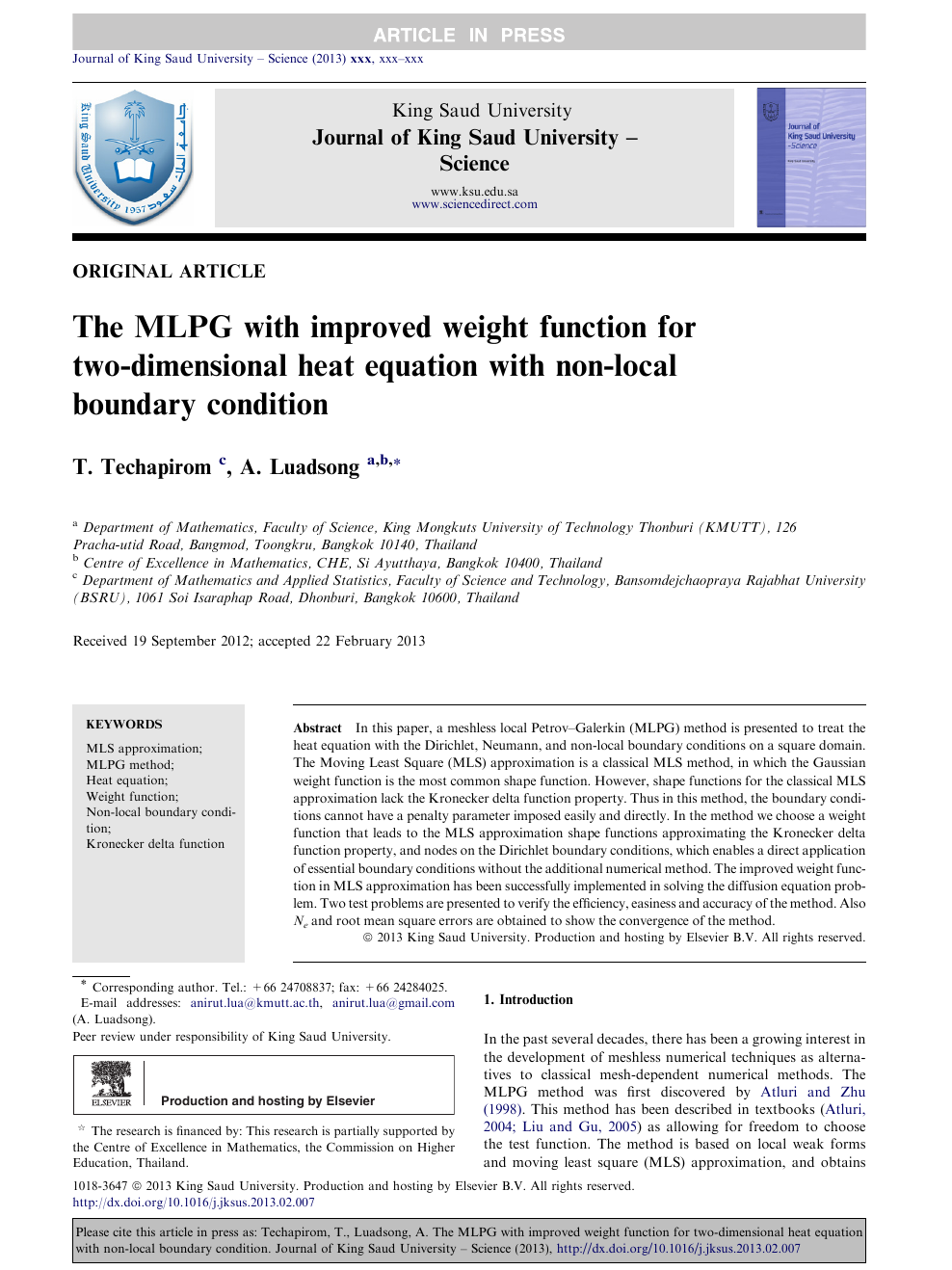 The Mlpg With Improved Weight Function For Two Dimensional Heat Equation With Non Local Boundary Condition Topic Of Research Paper In Computer And Information Sciences Download Scholarly Article Pdf And Read For Free