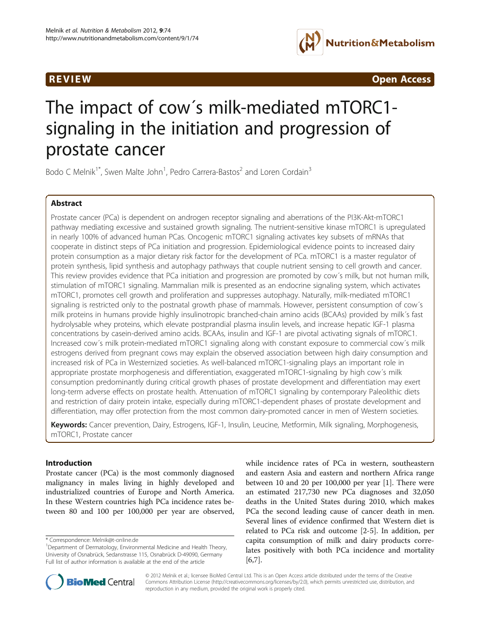 The Impact Of Cow S Milk Mediated Mtorc1 Signaling In The Initiation And Progression Of Prostate Cancer Topic Of Research Paper In Biological Sciences Download Scholarly Article Pdf And Read For Free On Cyberleninka
