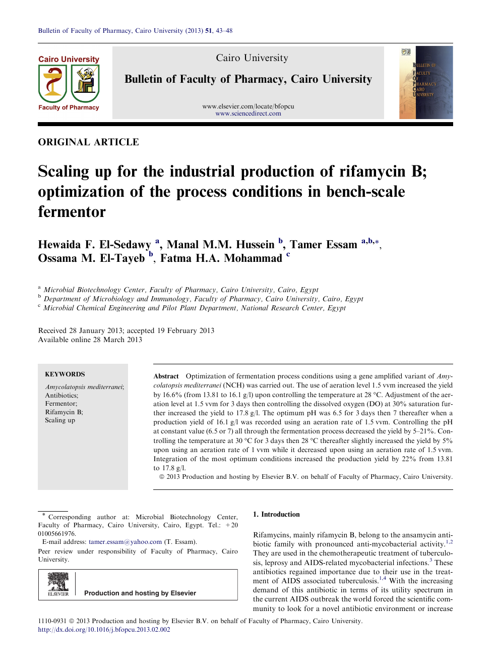 Scaling Up For The Industrial Production Of Rifamycin B Optimization Of The Process Conditions In Bench Scale Fermentor Topic Of Research Paper In Chemical Engineering Download Scholarly Article Pdf And Read For
