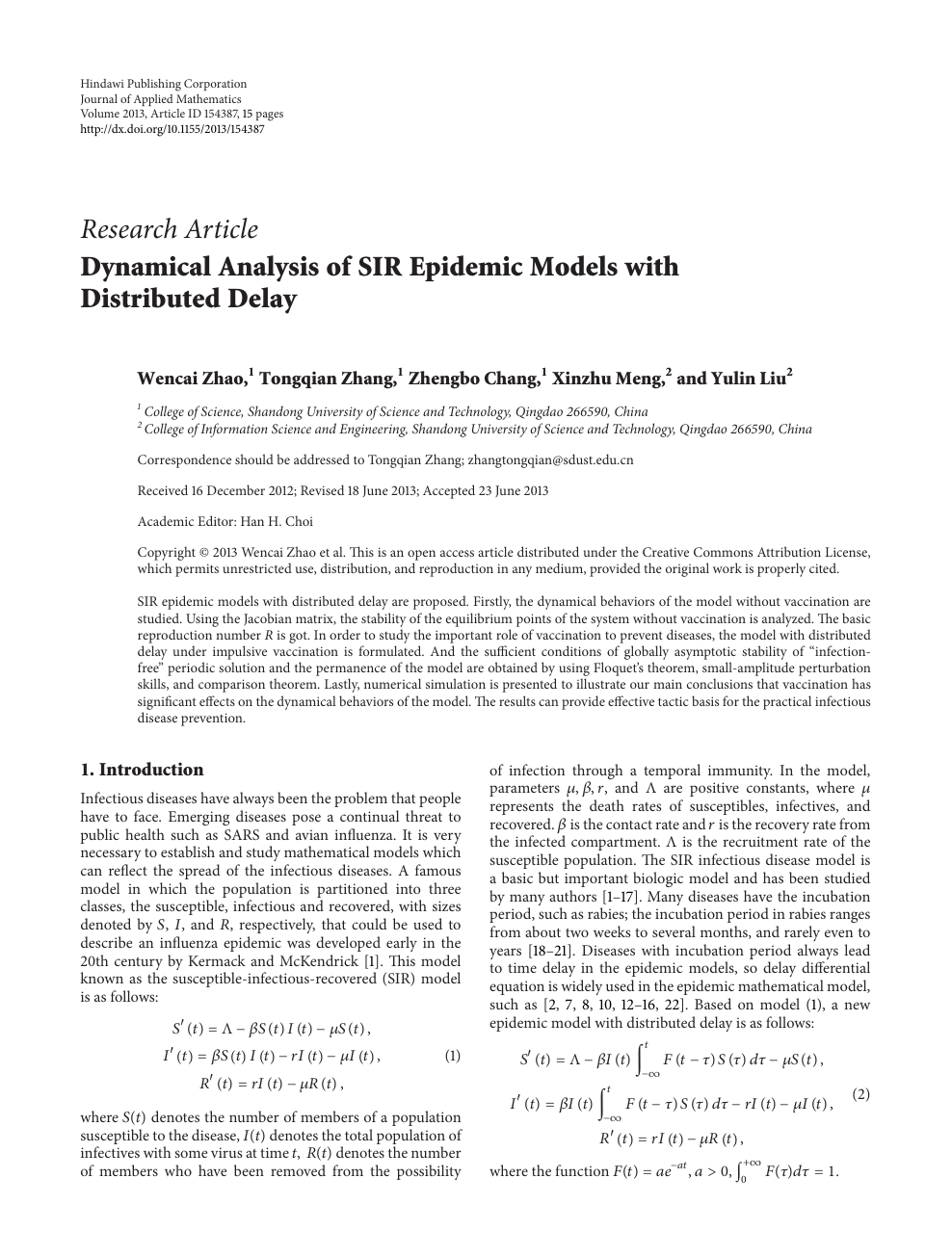 Dynamical Analysis Of Sir Epidemic Models With Distributed Delay Topic Of Research Paper In Mathematics Download Scholarly Article Pdf And Read For Free On Cyberleninka Open Science Hub