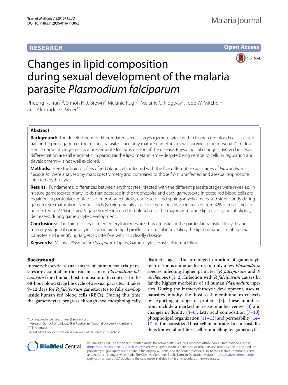 Changes In Lipid Composition During Sexual Development Of The Malaria Parasite Plasmodium Falciparum Topic Of Research Paper In Biological Sciences Download Scholarly Article Pdf And Read For Free On Cyberleninka Open