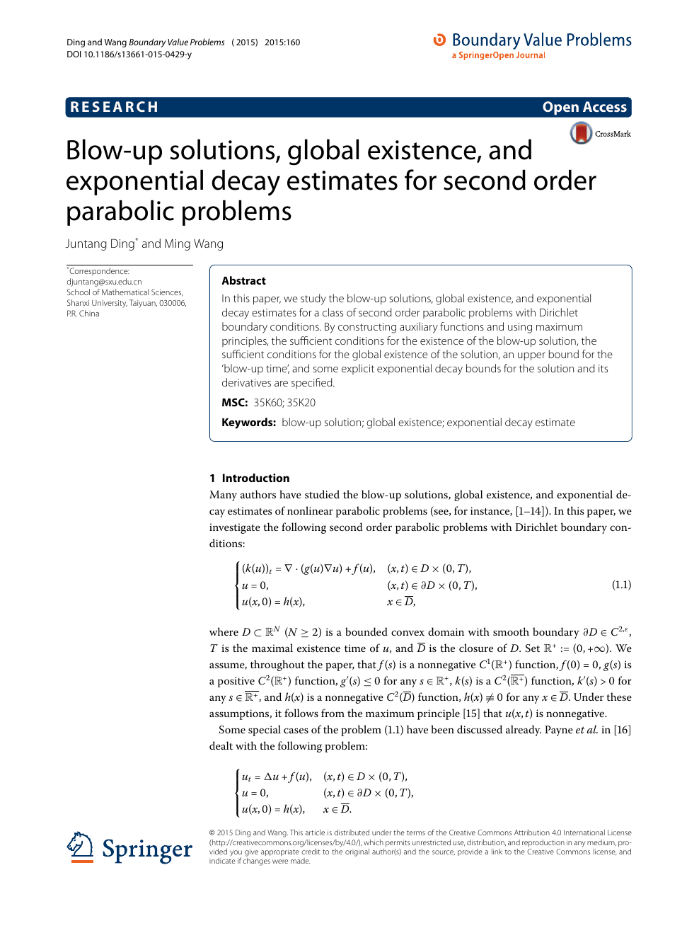 Blow Up Solutions Global Existence And Exponential Decay Estimates For Second Order Parabolic Problems Topic Of Research Paper In Mathematics Download Scholarly Article Pdf And Read For Free On Cyberleninka Open Science
