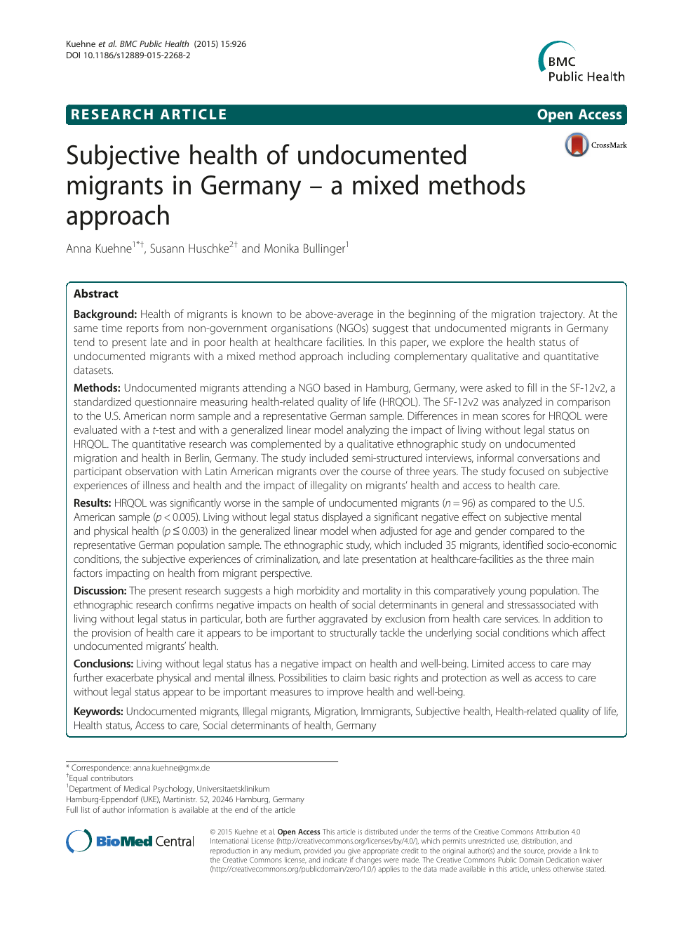 Subjective Health Of Undocumented Migrants In Germany A Mixed Methods Approach Topic Of Research Paper In Health Sciences Download Scholarly Article Pdf And Read For Free On Cyberleninka Open Science Hub