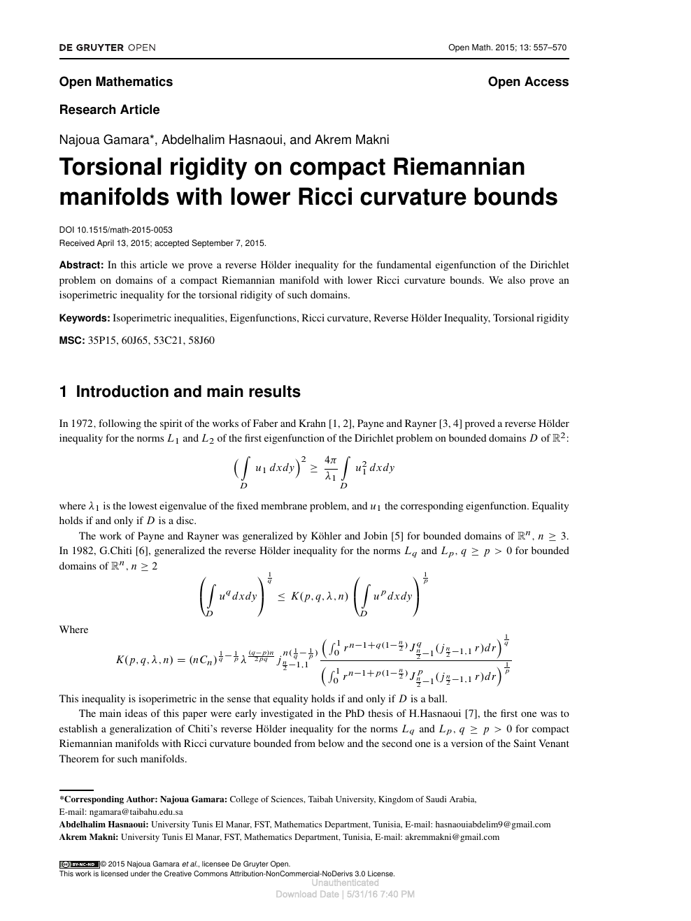 Torsional Rigidity On Compact Riemannian Manifolds With Lower Ricci Curvature Bounds Topic Of Research Paper In Mathematics Download Scholarly Article Pdf And Read For Free On Cyberleninka Open Science Hub