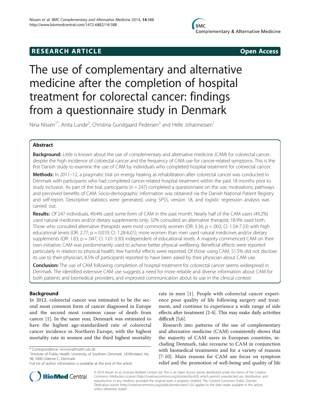 The use of complementary and alternative medicine after the completion of hospital treatment for colorectal cancer: findings from questionnaire study in Denmark – topic of research paper in Health sciences. Download