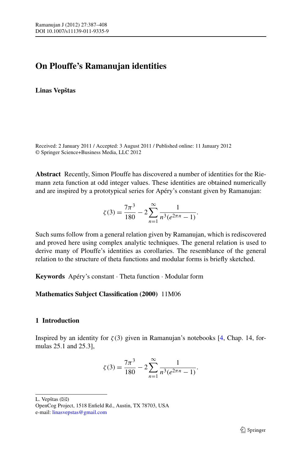 On Plouffe's Ramanujan identities – topic of research paper in