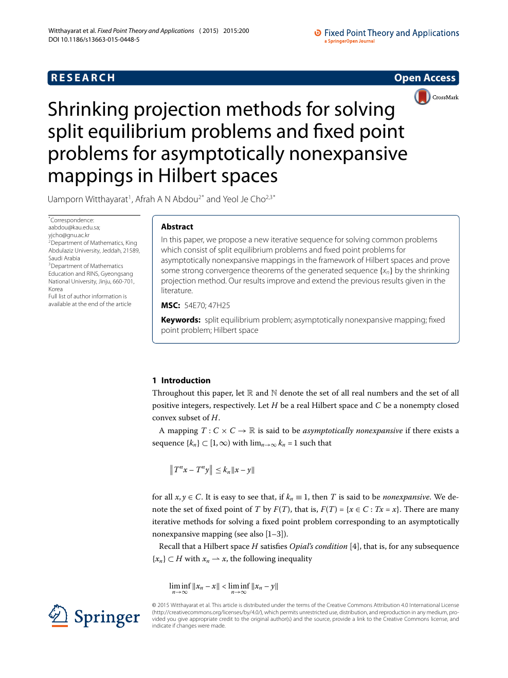 Shrinking Projection Methods For Solving Split Equilibrium Problems And Fixed Point Problems For Asymptotically Nonexpansive Mappings In Hilbert Spaces Topic Of Research Paper In Mathematics Download Scholarly Article Pdf And Read