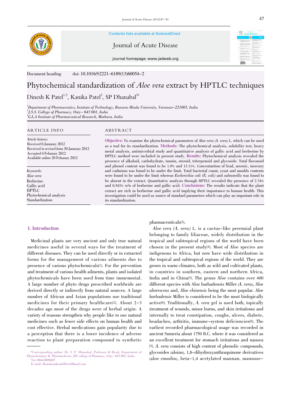 Phytochemical Standardization Of Aloe Vera Extract By Hptlc
