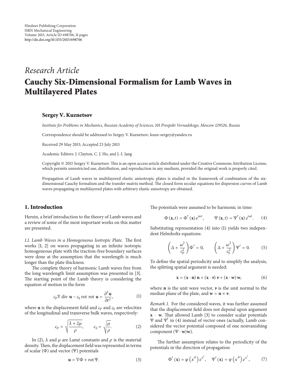 Cauchy Six Dimensional Formalism For Lamb Waves In Multilayered Plates Topic Of Research Paper In Mechanical Engineering Download Scholarly Article Pdf And Read For Free On Cyberleninka Open Science Hub
