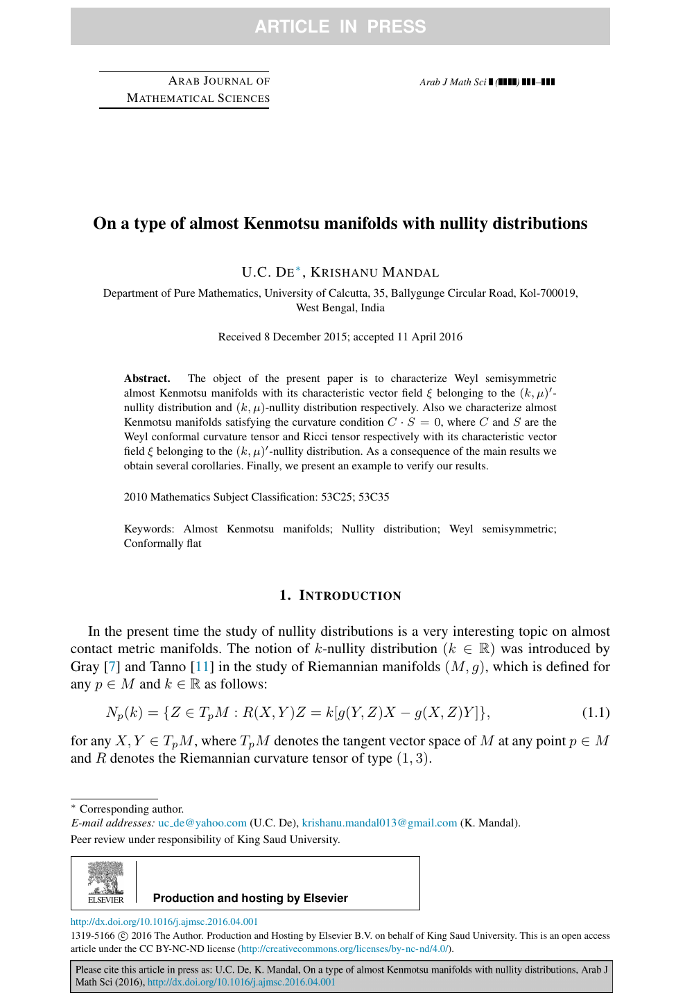 On A Type Of Almost Kenmotsu Manifolds With Nullity Distributions Topic Of Research Paper In Mathematics Download Scholarly Article Pdf And Read For Free On Cyberleninka Open Science Hub