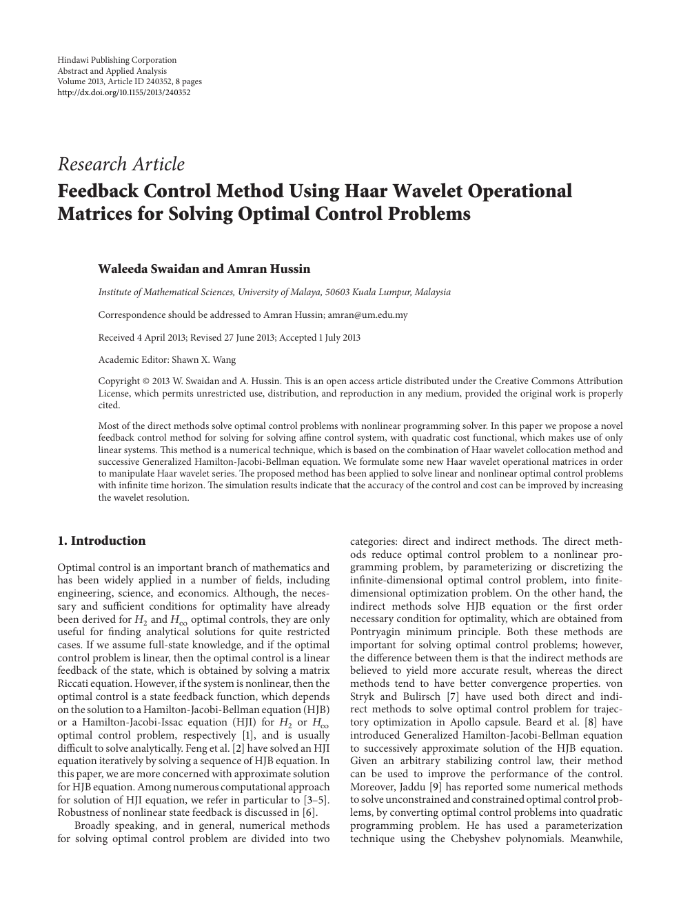Feedback Control Method Using Haar Wavelet Operational Matrices For Solving Optimal Control Problems Topic Of Research Paper In Mathematics Download Scholarly Article Pdf And Read For Free On Cyberleninka Open Science