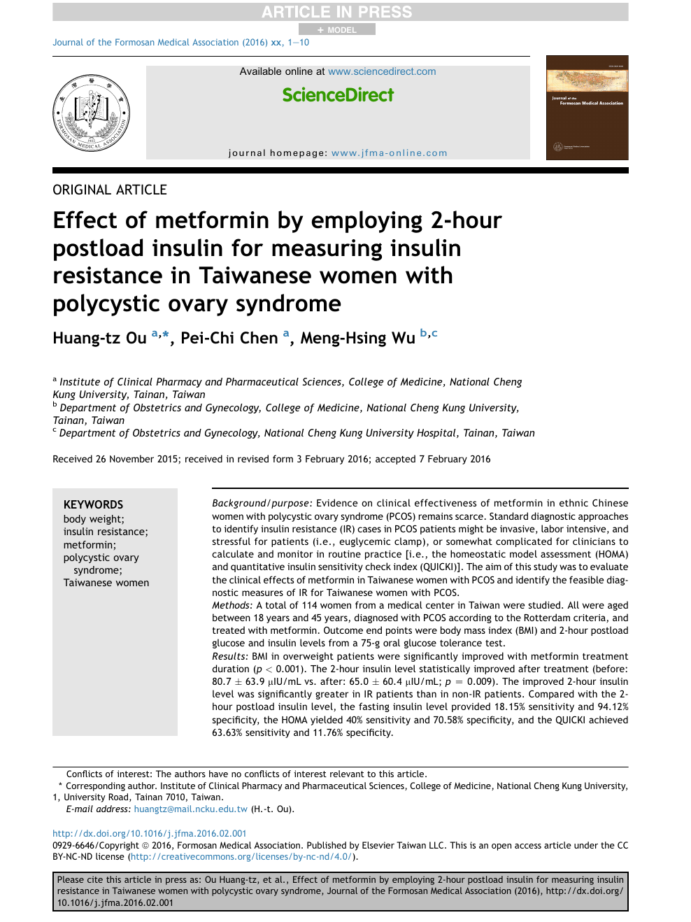 Effect Of Metformin By Employing 2 Hour Postload Insulin For Measuring Insulin Resistance In Taiwanese Women With Polycystic Ovary Syndrome Topic Of Research Paper In Clinical Medicine Download Scholarly Article Pdf And
