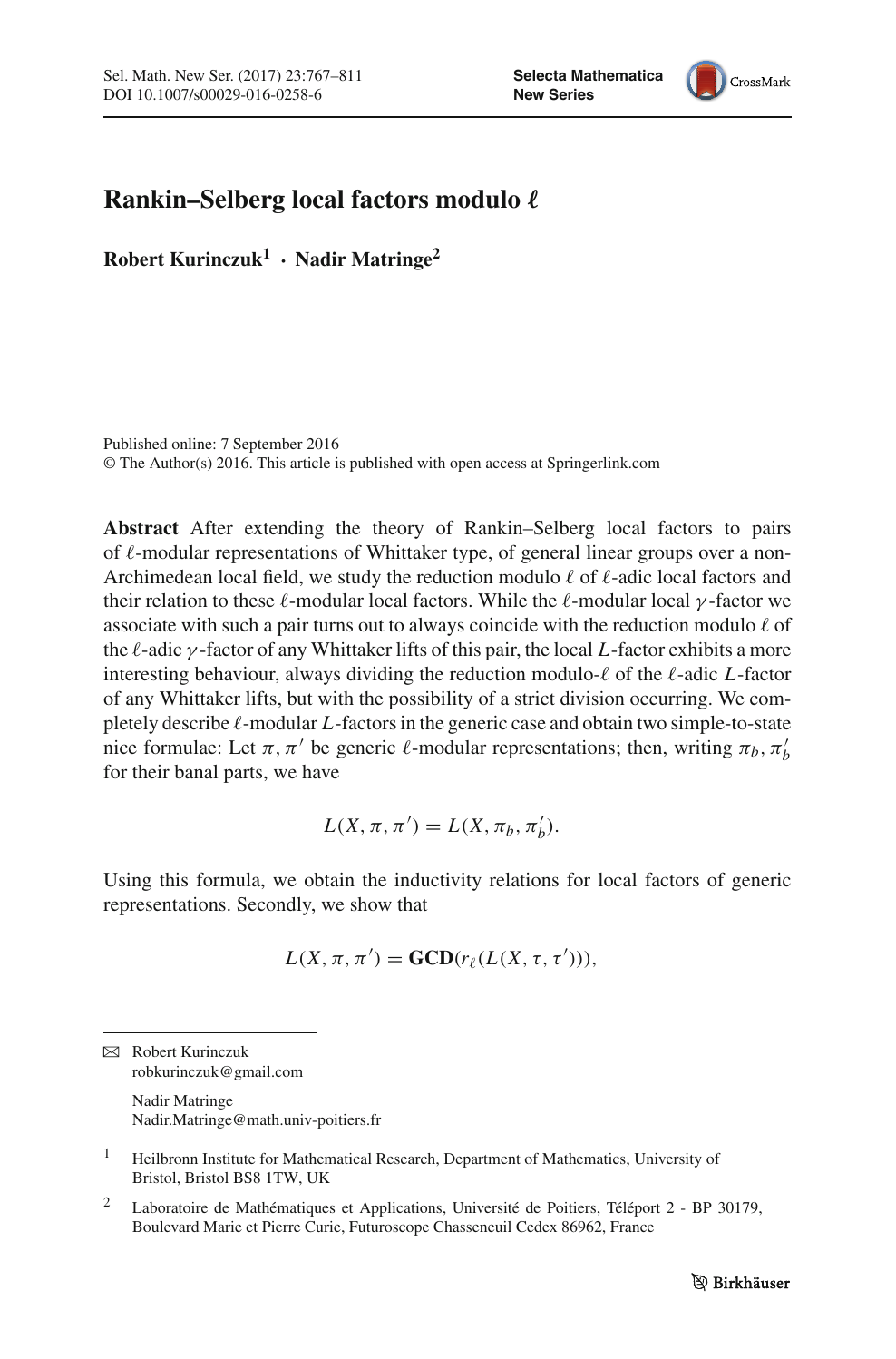 Rankin Selberg Local Factors Modulo Ell ℓ Topic Of Research Paper In Mathematics Download Scholarly Article Pdf And Read For Free On Cyberleninka Open Science Hub