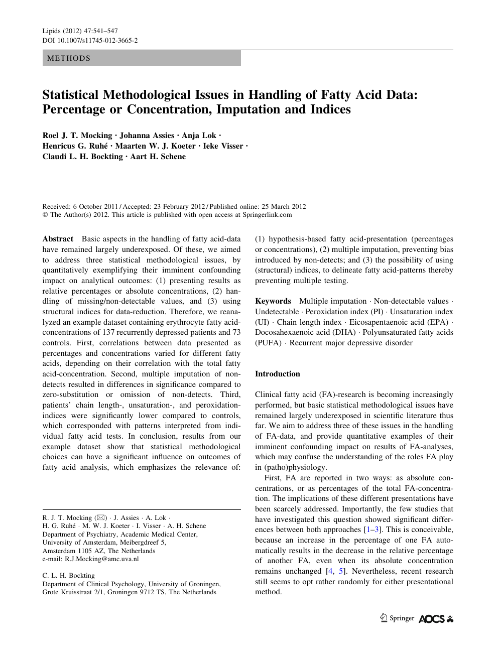 Statistical Methodological Issues In Handling Of Fatty Acid Data Percentage Or Concentration Imputation And Indices Topic Of Research Paper In Health Sciences Download Scholarly Article Pdf And Read For Free On