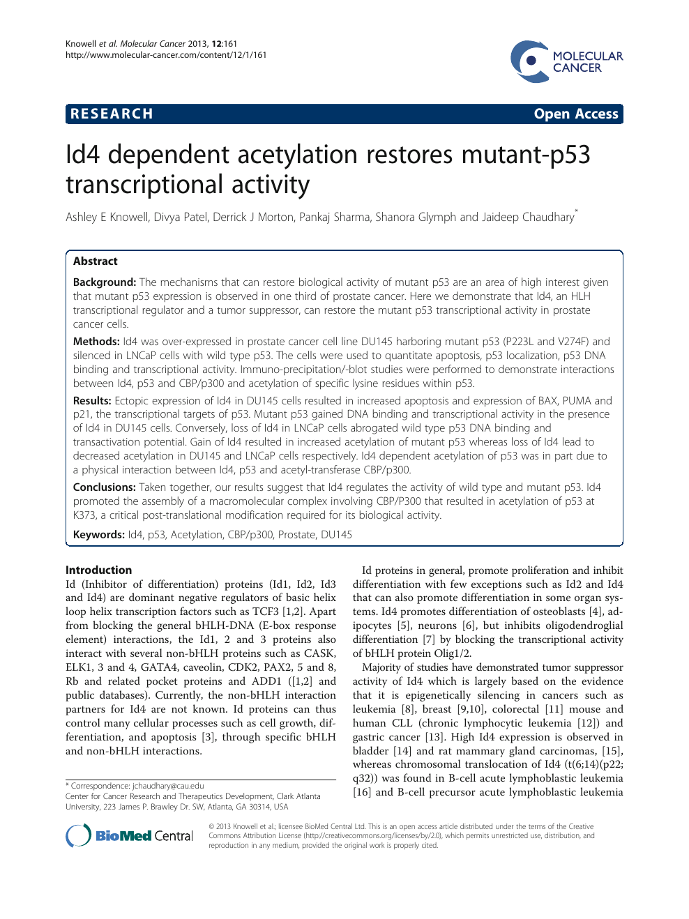 Id4 Dependent Acetylation Restores Mutant P53 Transcriptional
