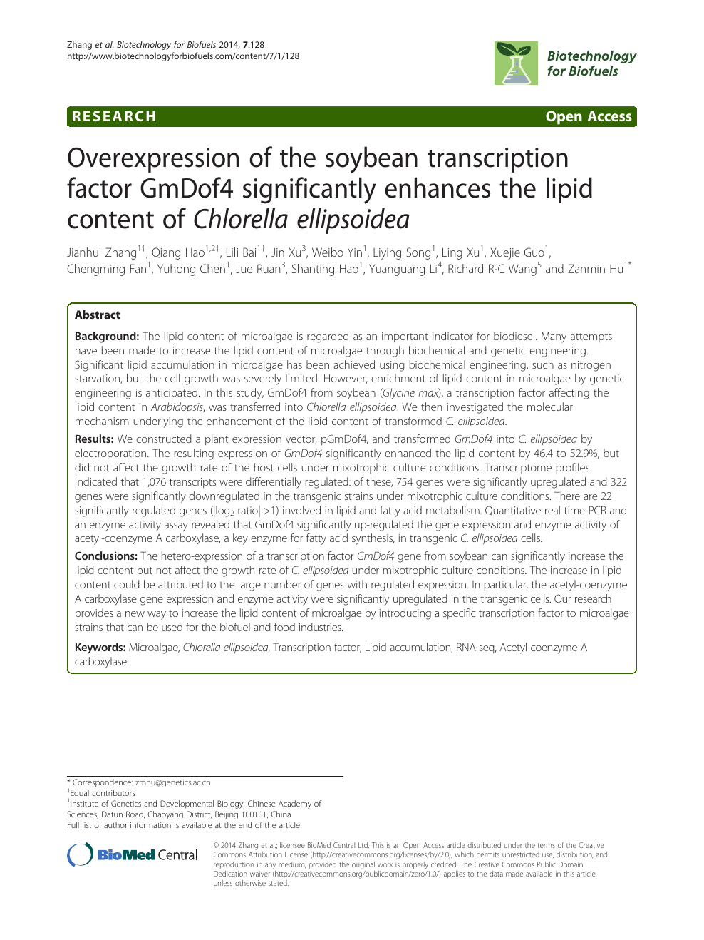 onbetaald troosten Verminderen Overexpression of the soybean transcription factor GmDof4 significantly  enhances the lipid content of Chlorella ellipsoidea – topic of research  paper in Biological sciences. Download scholarly article PDF and read for  free on