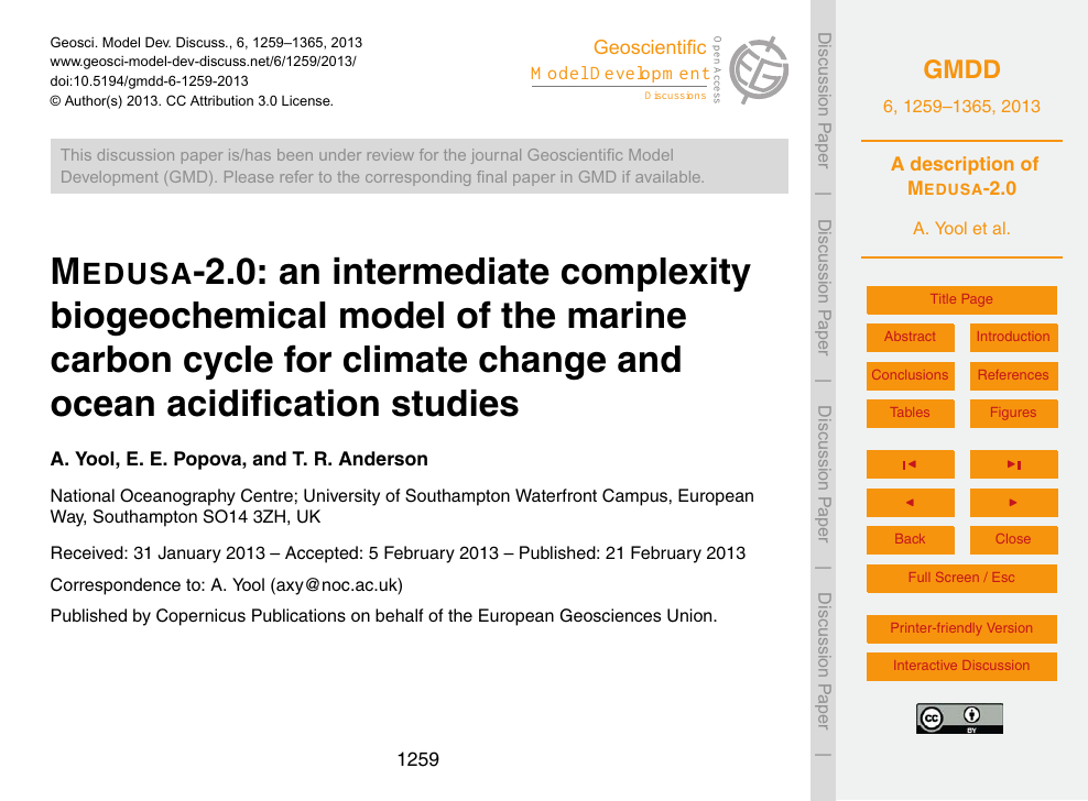 Medusa 2 0 An Intermediate Complexity Biogeochemical Model Of The Marine Carbon Cycle For Climate Change And Ocean Acidification Studies Topic Of Research Paper In Earth And Related Environmental Sciences Download Scholarly Article