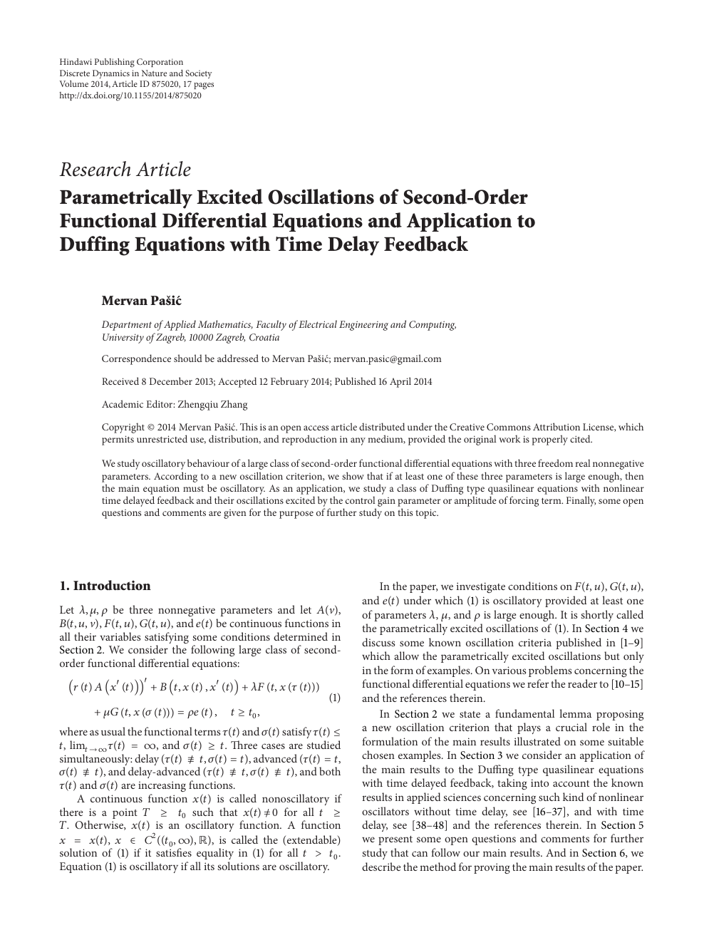 Parametrically Excited Oscillations Of Second Order Functional Differential Equations And Application To Duffing Equations With Time Delay Feedback Topic Of Research Paper In Mathematics Download Scholarly Article Pdf And Read For Free