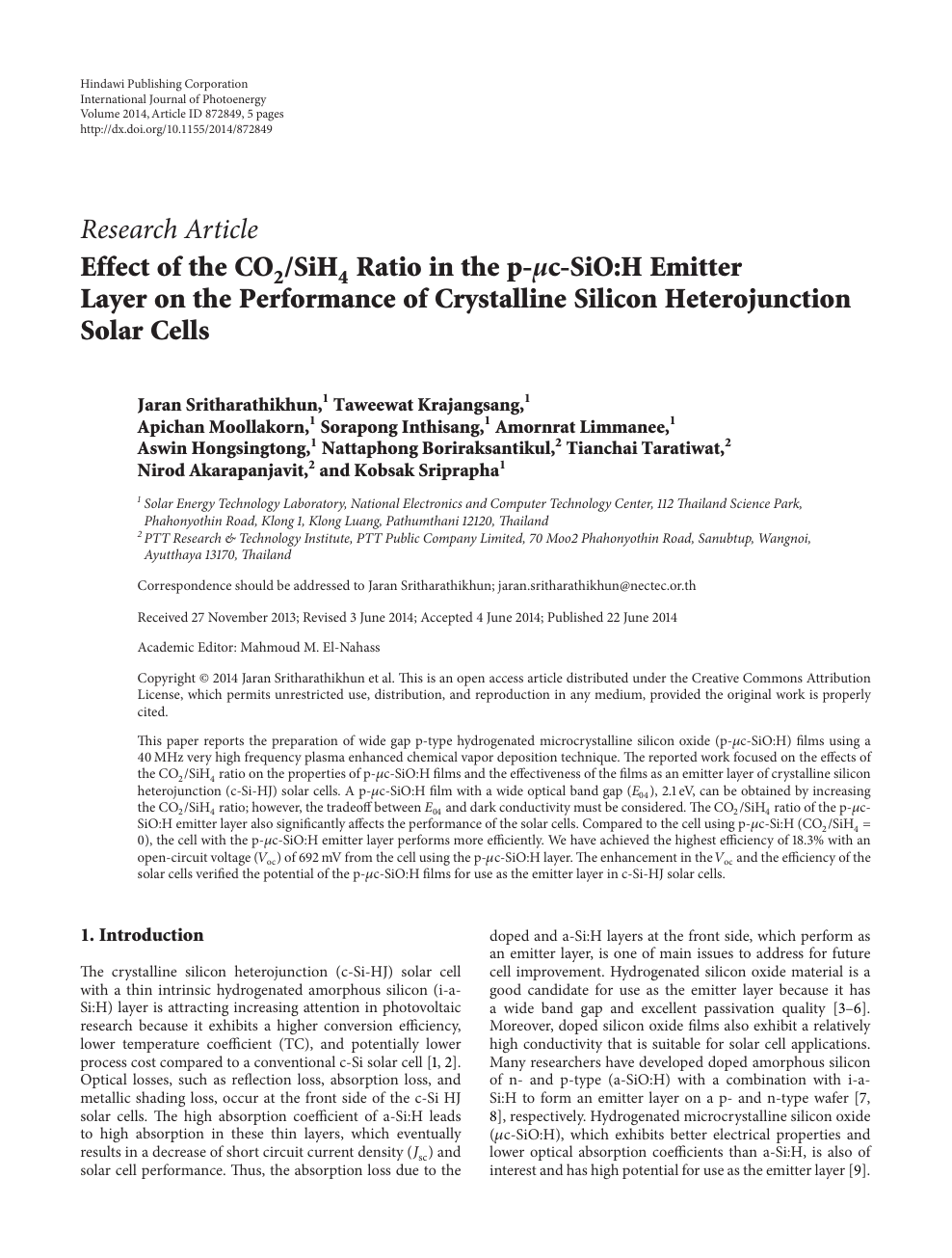 Effect Of The Co 2 Sih 4 Ratio In The P M C Sio H Emitter Layer On The Performance Of Crystalline Silicon Heterojunction Solar Cells Topic Of Research Paper In Nano Technology Download