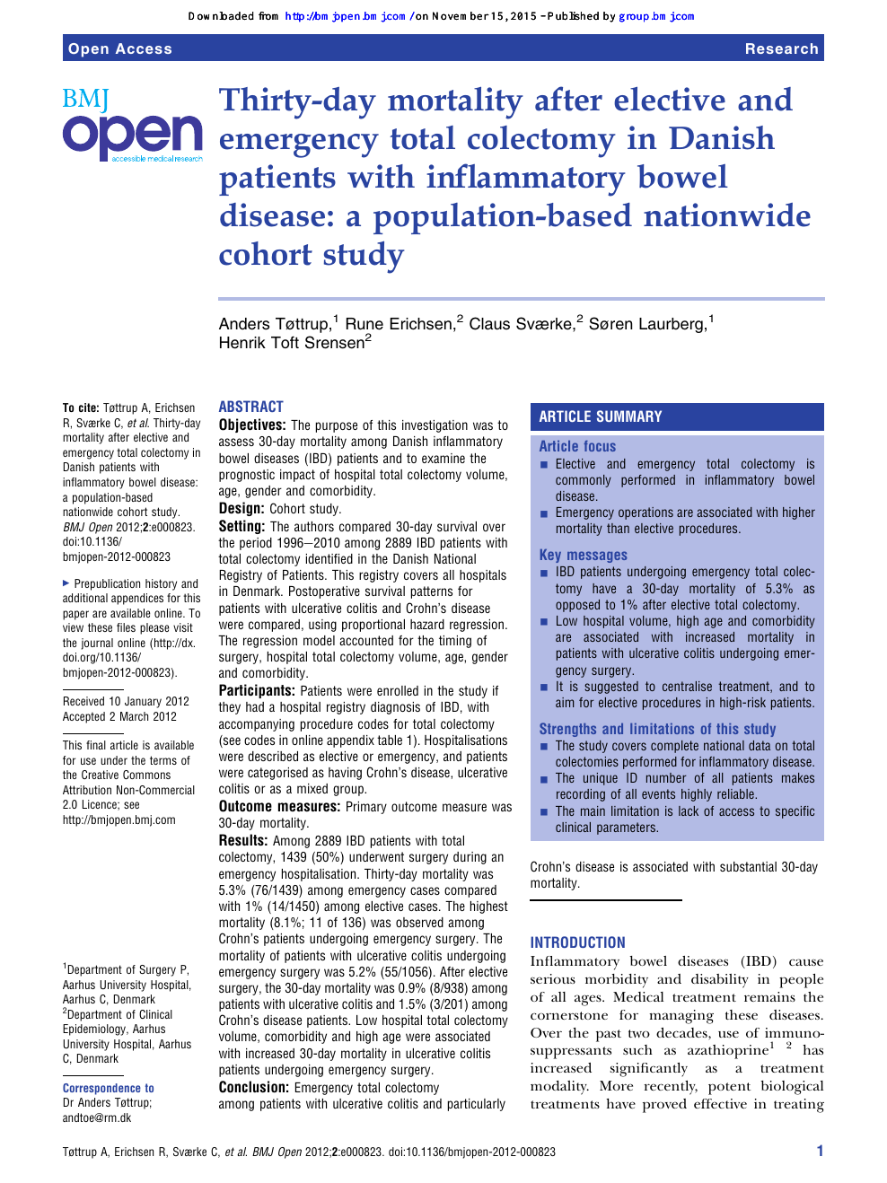 Thirty Day Mortality After Elective And Emergency Total Colectomy In Danish Patients With Inflammatory Bowel Disease A Population Based Nationwide Cohort Study Topic Of Research Paper In Health Sciences Download Scholarly Article Pdf