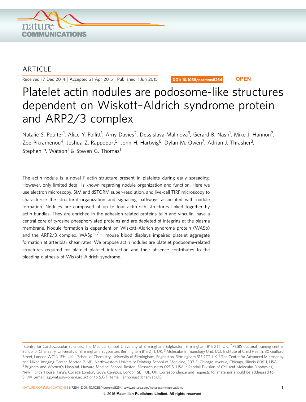Platelet Actin Nodules Are Podosome Like Structures Dependent On Wiskott Aldrich Syndrome Protein And Arp2 3 Complex Topic Of Research Paper In Biological Sciences Download Scholarly Article Pdf And Read For Free On Cyberleninka