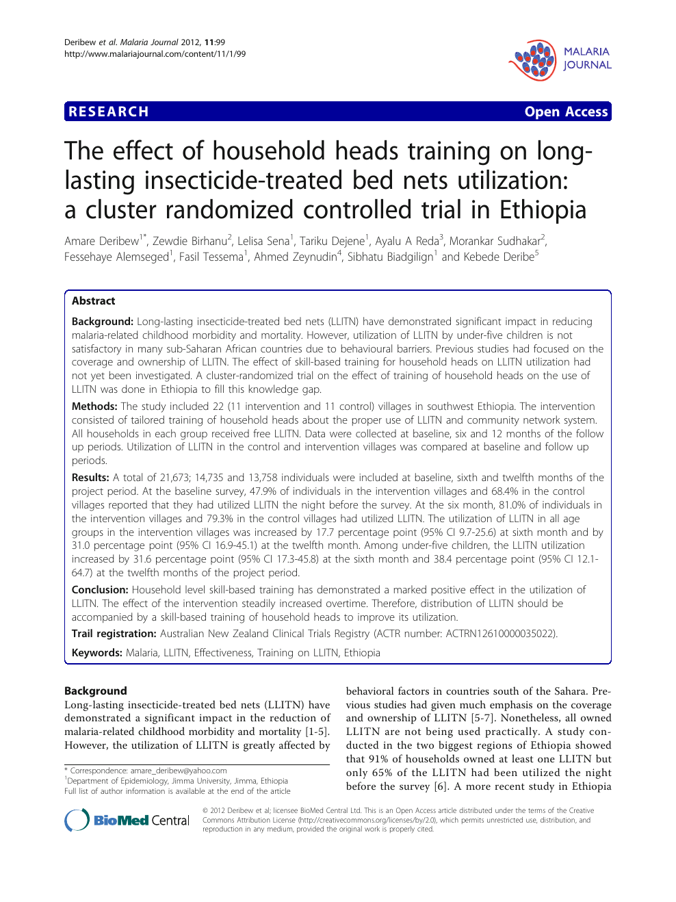 The Effect Of Household Heads Training On Long Lasting Insecticide Treated Bed Nets Utilization A Cluster Randomized Controlled Trial In Ethiopia Topic Of Research Paper In Health Sciences Download Scholarly Article Pdf And