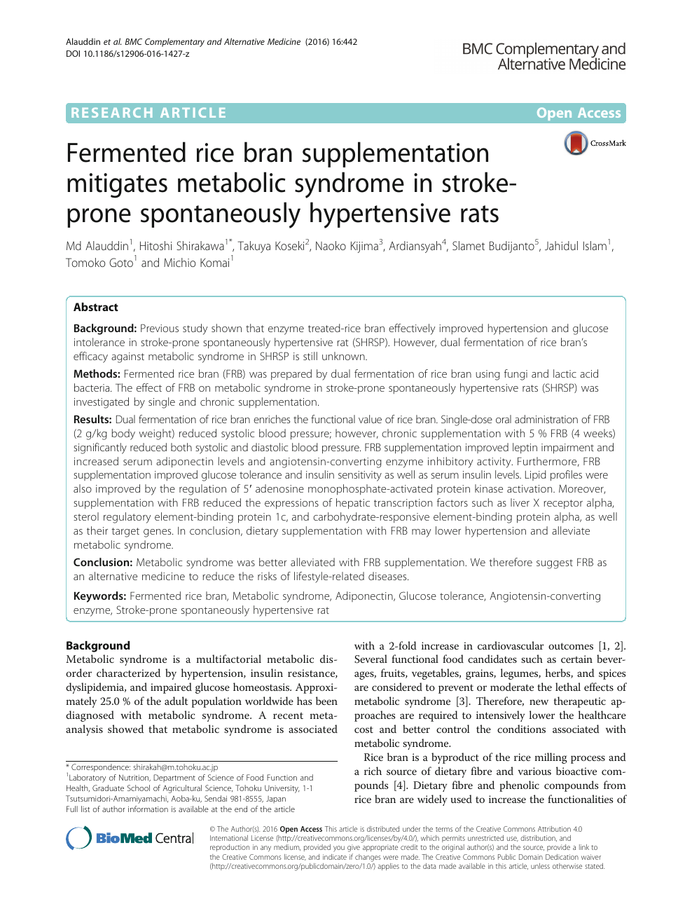 Fermented Rice Bran Supplementation Mitigates Metabolic Syndrome In Stroke Prone Spontaneously Hypertensive Rats Topic Of Research Paper In Health Sciences Download Scholarly Article Pdf And Read For Free On Cyberleninka Open Science