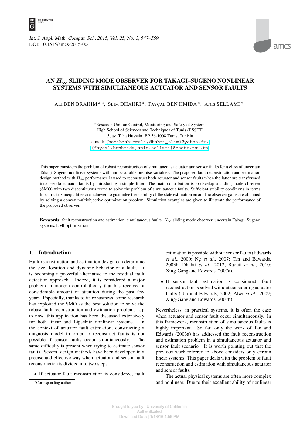 An H Sliding Mode Observer For Takagi Sugeno Nonlinear Systems With Simultaneous Actuator And Sensor Faults Topic Of Research Paper In Mathematics Download Scholarly Article Pdf And Read For Free On Cyberleninka