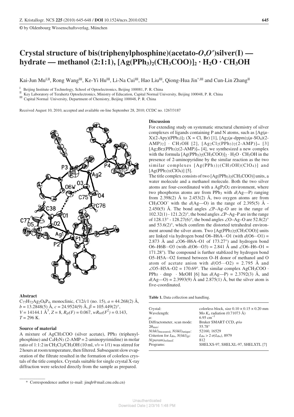 Crystal Structure Of Bis Triphenylphosphine Acetato O O Silver I Hydrate Methanol 2 1 1 Ag Pph3 2 Ch3coo 2 H2o Ch3oh Topic Of Research Paper In Biological Sciences Download Scholarly Article Pdf And Read For Free On Cyberleninka Open